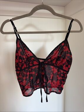 Sheer Black & Red Floral Tie-Front Cami